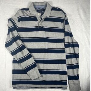 Tommy Hilfiger Men's Preppy Long Sleeve Polo Gray Navy Stripe Cotton Size M